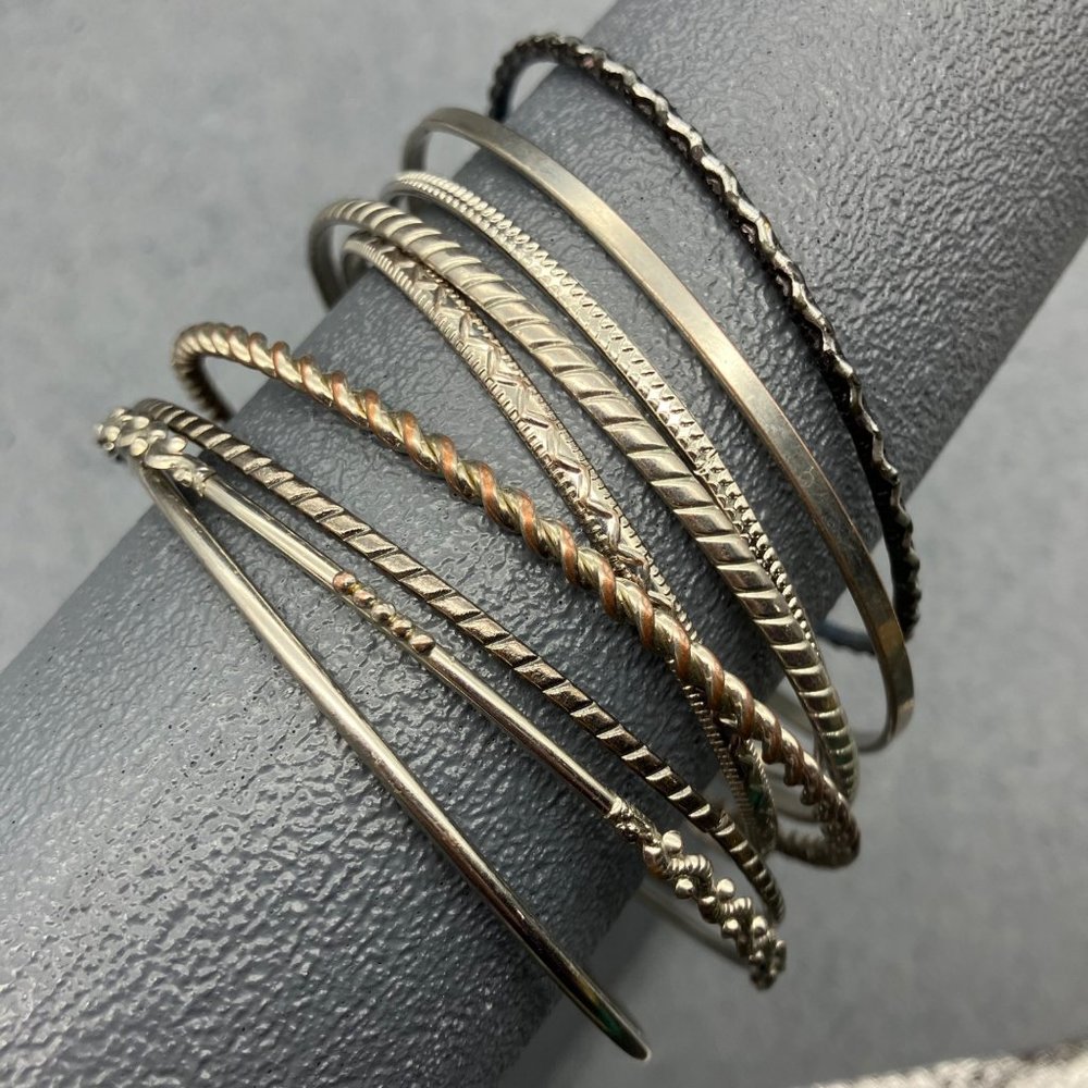 Bangle Bracelet Lot of 9 As Is Silver Plain Textured Spiral Retro BoHo Vintage